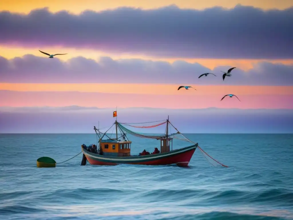 Una embarcación tradicional uruguaya navegando en aguas del Atlántico al atardecer, con redes de pesca y equipo colorido