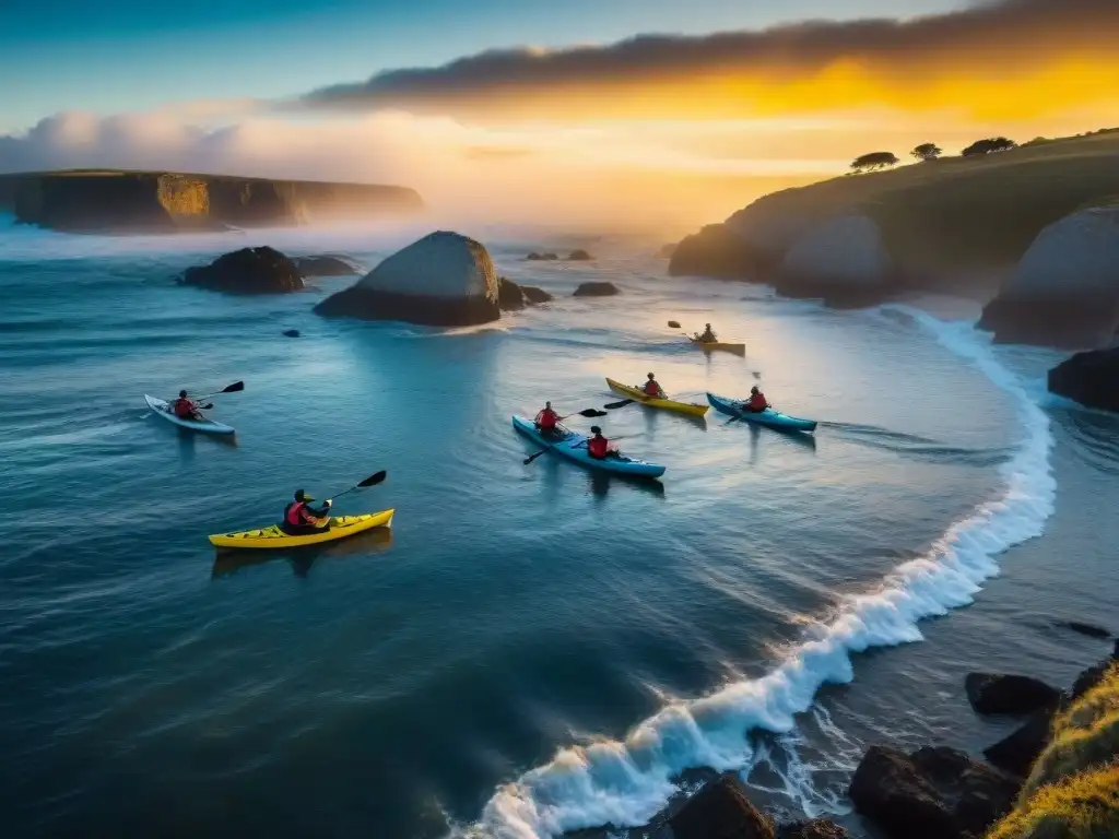 Kayakers emocionados surcan las aguas de Uruguay al atardecer