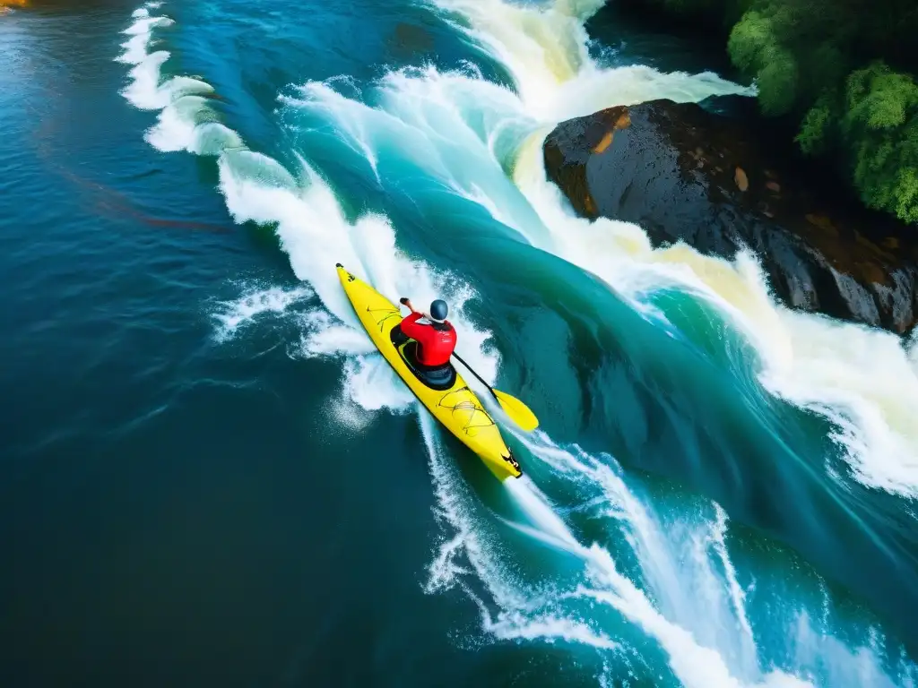 Emocionante imagen de kayakers en los rápidos del Río Uruguay, rodeados de vegetación exuberante bajo cielo azul