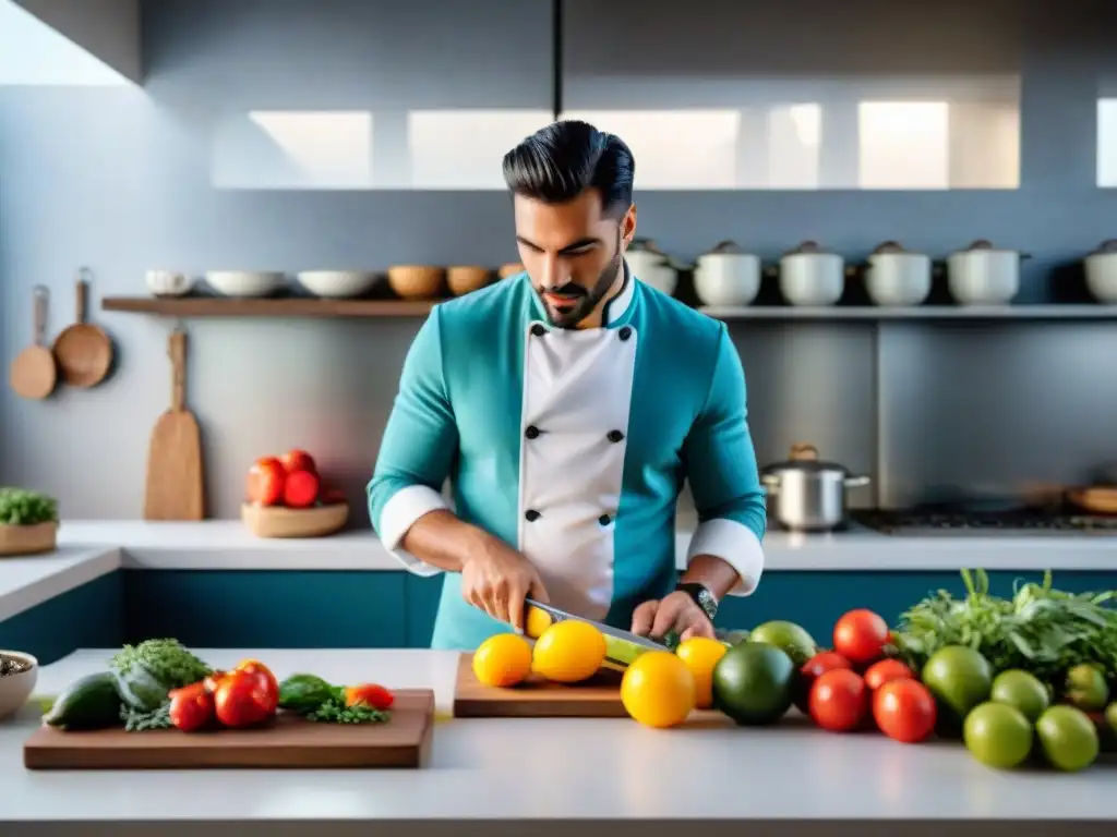 Un emocionante taller de cocina saludable en Uruguay, con participantes aprendiendo a cocinar platos coloridos y nutritivos