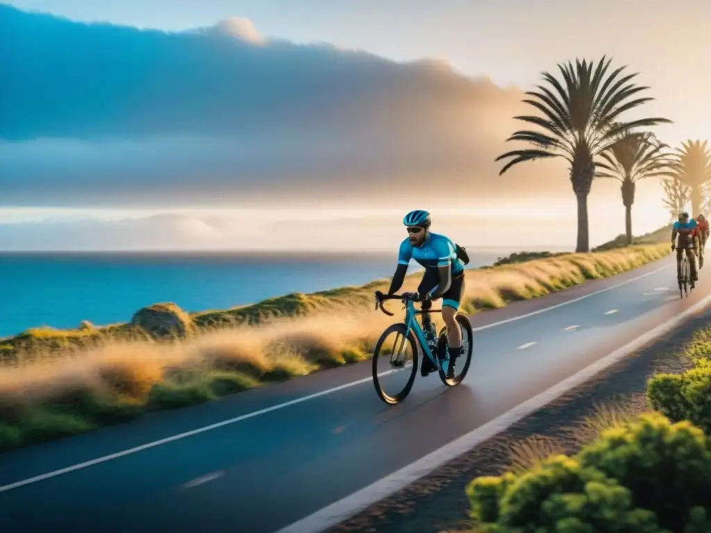 Un emotivo atardecer en Uruguay: ciclistas pedaleando en la costa al atardecer