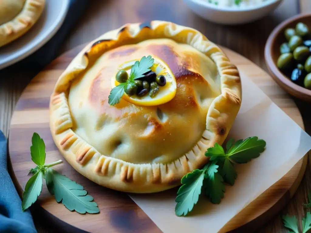 Una empanada uruguaya dorada y jugosa con relleno de carne, aceitunas y huevo duro