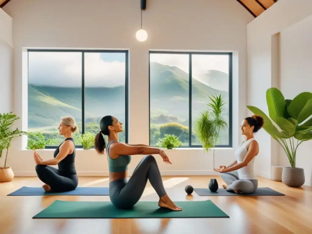 Empleados de empresa uruguaya en sesión de yoga en oficina luminosa con vista a paisaje verde