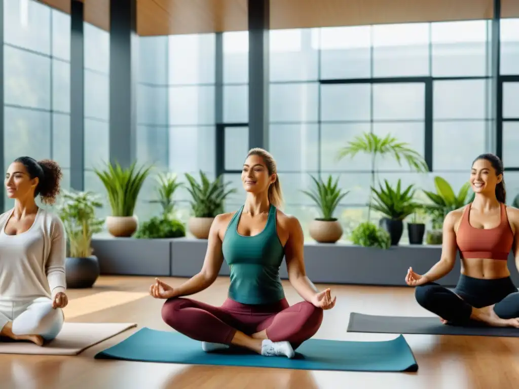 Empleados uruguayos en taller de bienestar con yoga y alimentación saludable en oficina moderna