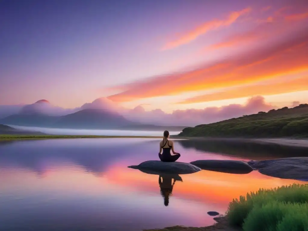 Un emprendedor practica mindfulness en Laguna Garzón al atardecer: conexión con la naturaleza y equilibrio