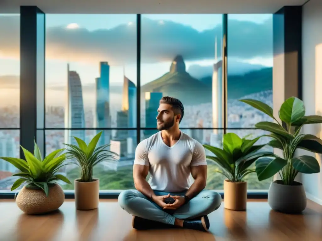 Un emprendedor uruguayo practica mindfulness en su oficina moderna, rodeado de plantas y con vista a la ciudad