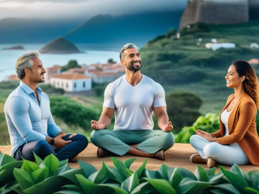 Emprendedores en Uruguay practican mindfulness juntos, rodeados de vegetación y la ciudad, transmitiendo calma y salud mental