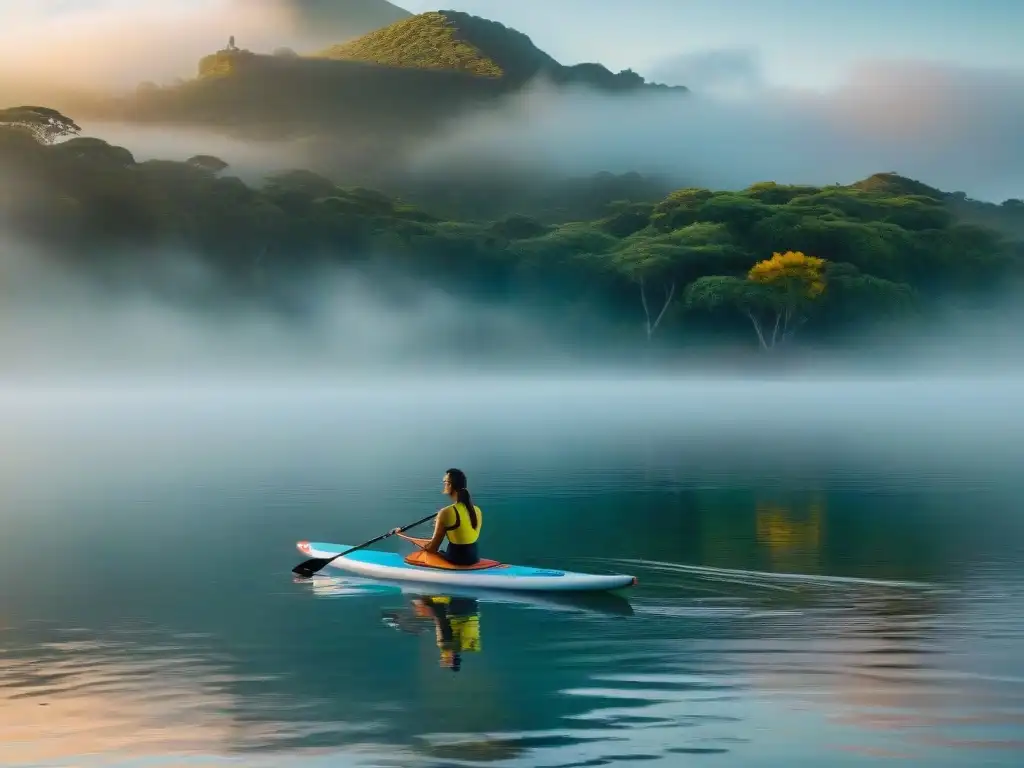 Mindfulness para emprendedores en Uruguay: Amanecer sereno sobre Laguna Garzón, empresarios meditando en paddleboards