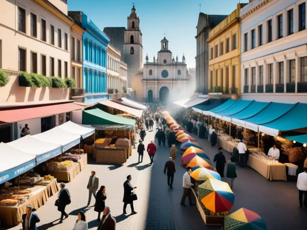 Emprendimientos migrantes en una feria colorida de Uruguay, reflejando diversidad y creatividad