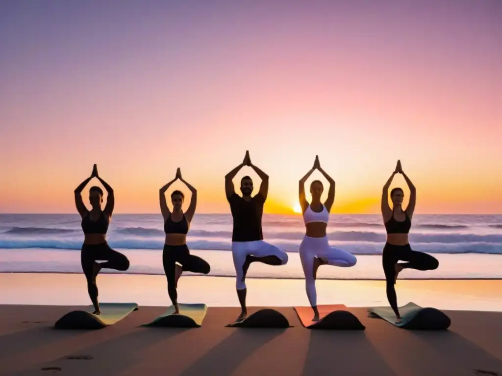 Empresarios en retiro de bienestar practican yoga al amanecer en una playa serena de Uruguay