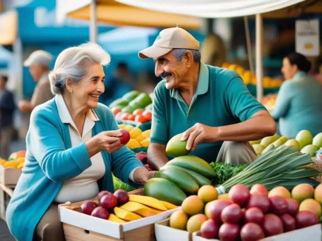 Encantador mercado en Uruguay: pareja mayor disfruta alimentos clave dieta adulto mayor Uruguay