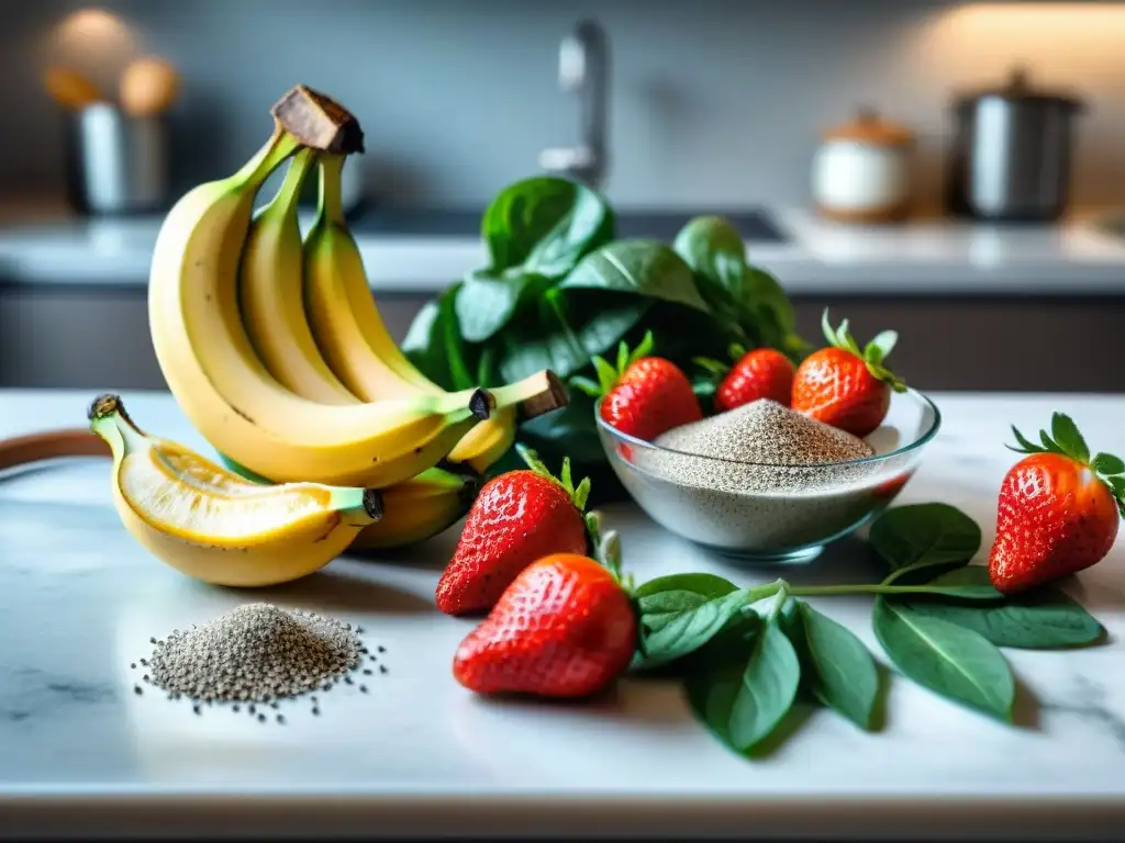 Encantadora cocina con ingredientes para batidos proteicos Encantadora cocina con ingredientes frescos para recetas caseras batidos proteína