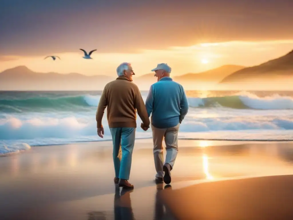 Encantadora pareja de ancianos paseando felices por la playa al atardecer, representando la prevención de enfermedades comunes en la vejez en Uruguay