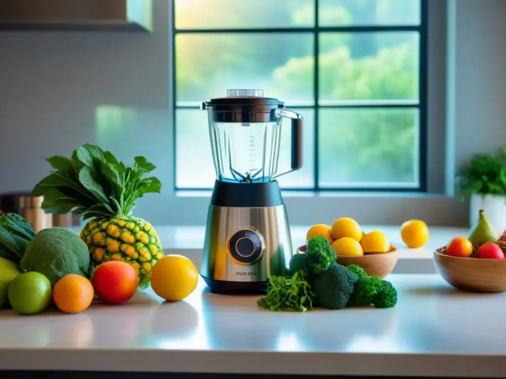 Batido de frutas frescas en cocina luminosa Encimera con frutas y verduras coloridas junto a una licuadora, listas para batidos proteína caseros