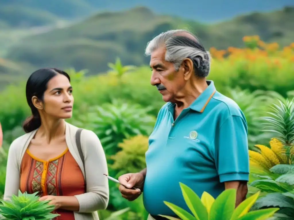 Un encuentro en un jardín botánico en Uruguay, donde una sabia mujer comparte conocimientos sobre plantas medicinales con un grupo diverso