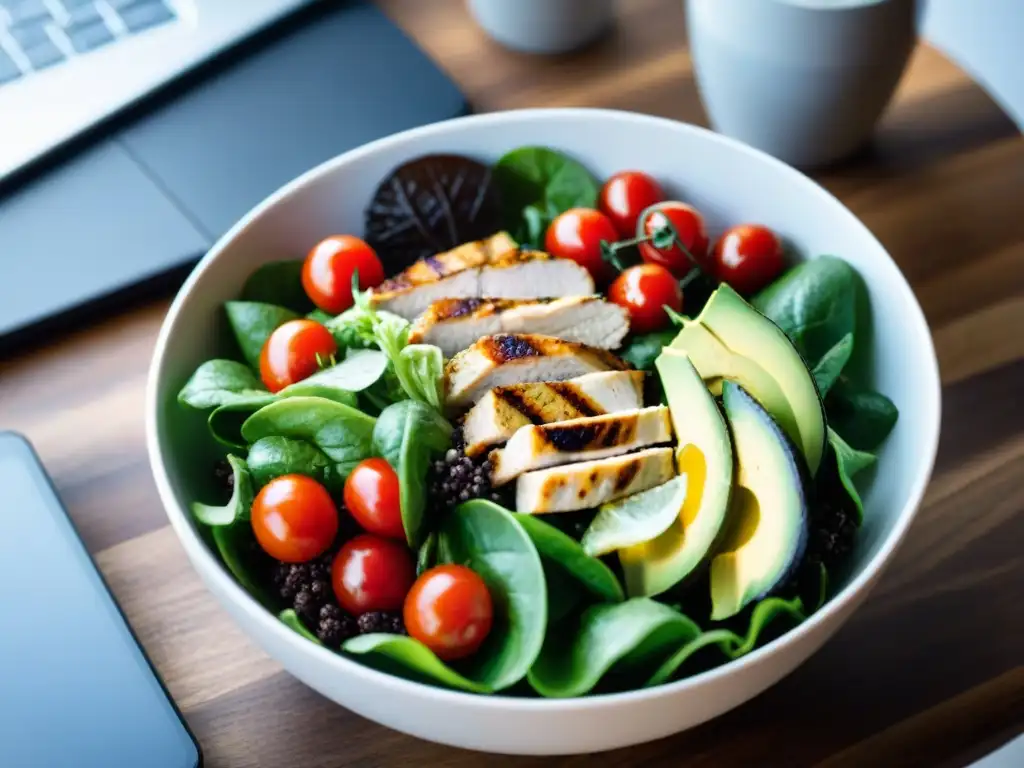 Una ensalada colorida y fresca en un escritorio moderno con laptop y planta