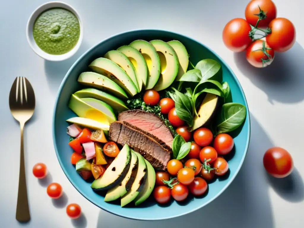 Una ensalada uruguaya colorida y fresca en plato minimalista blanco