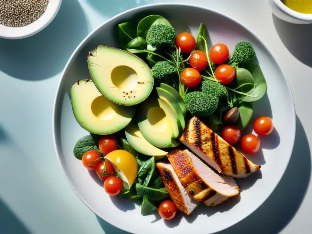 Una ensalada colorida y fresca en plato blanco, ideal para diabéticos en Uruguay