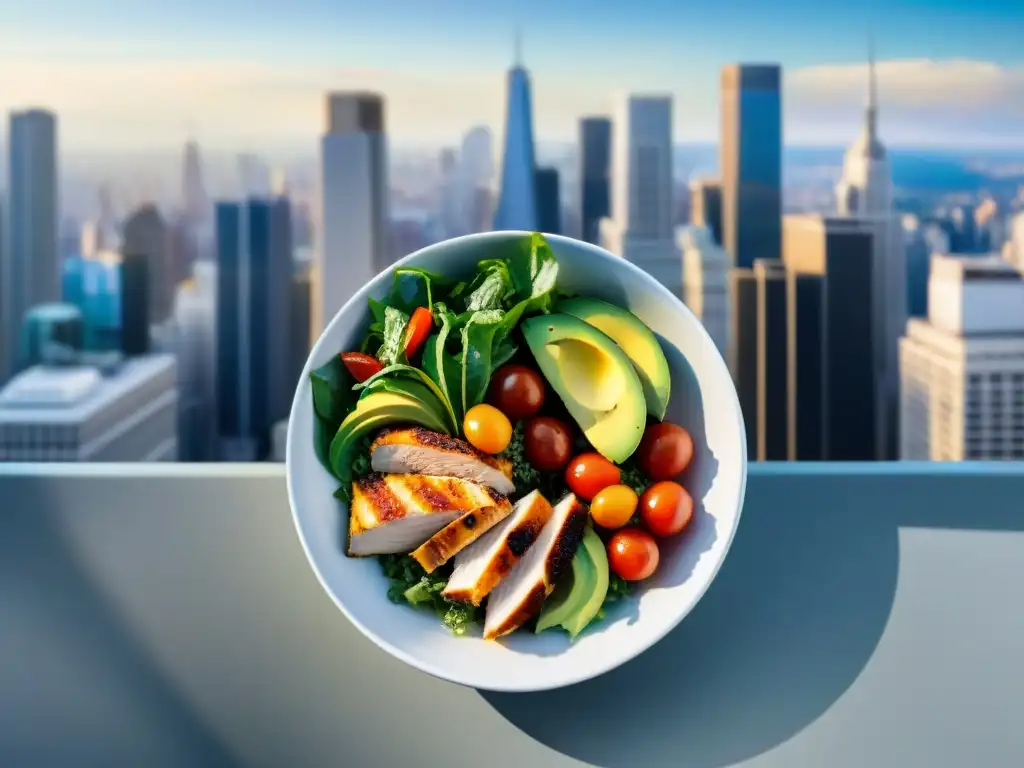 Ensalada colorida sobre plato blanco en ciudad vibrante