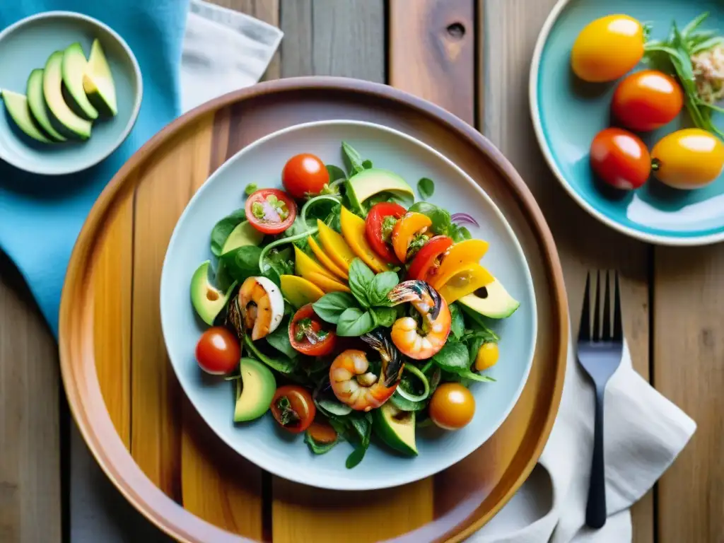 Una ensalada costera uruguaya con ingredientes frescos y coloridos, en una presentación artística