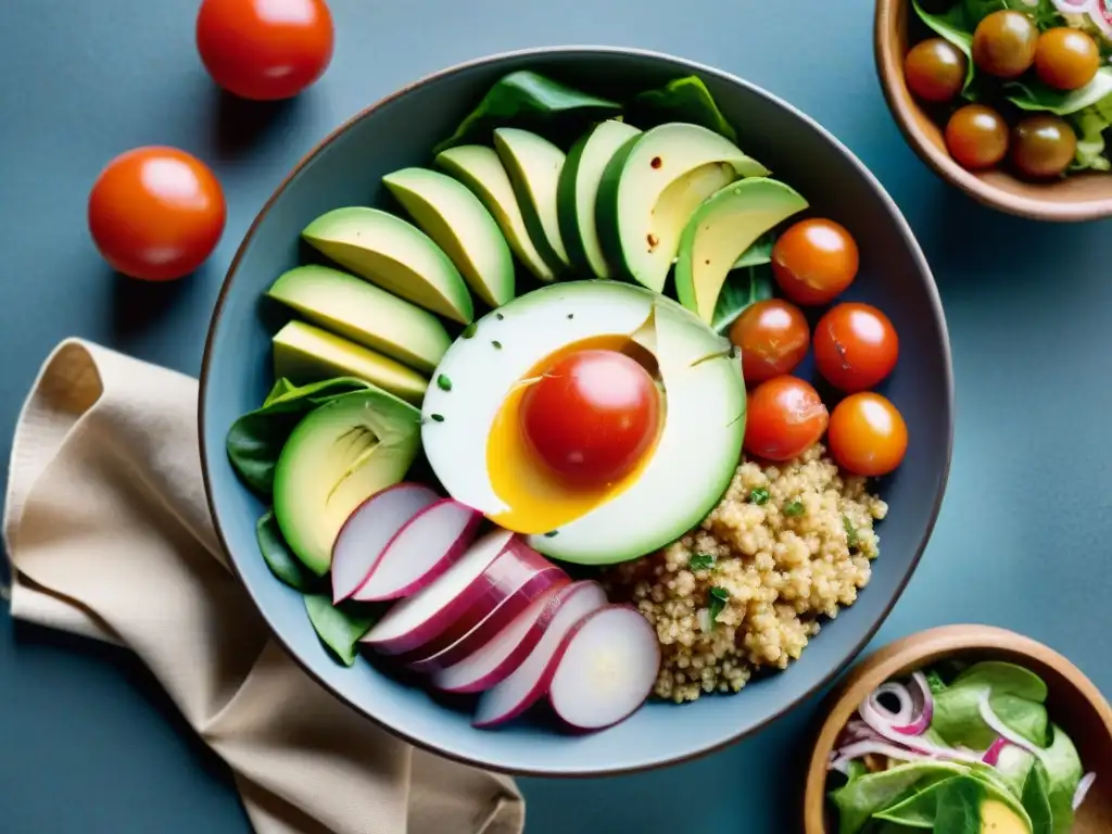 Una ensalada uruguaya fresca y colorida, con ingredientes locales en un tazón moderno