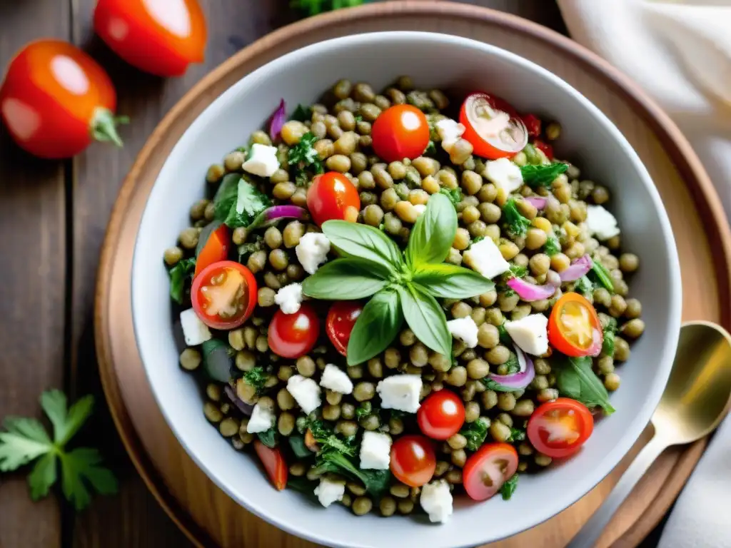 Una ensalada uruguaya de lentejas colorida y nutritiva en un bol blanco sobre mesa de madera rústica