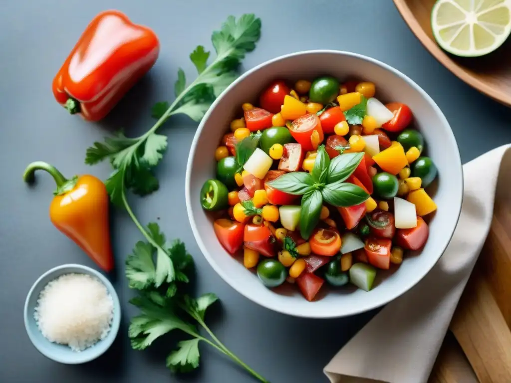 Una ensalada criolla uruguaya moderna y colorida en un tazón, con tomate, cebolla, pimiento, perejil, aceite y sal