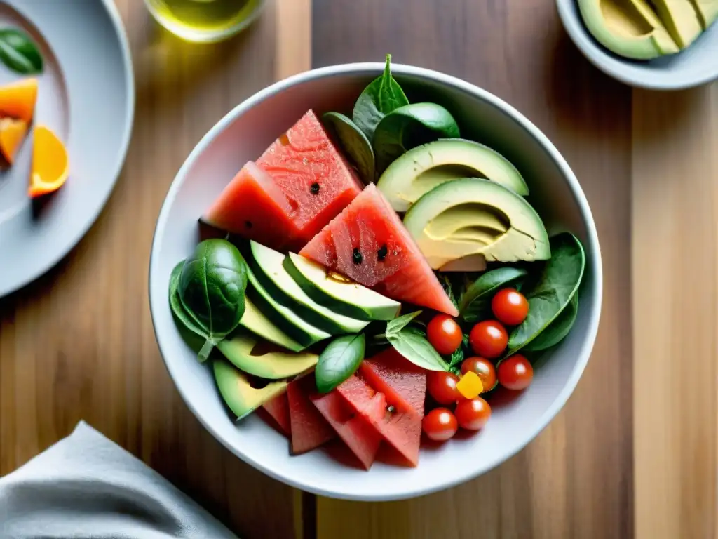 Una ensalada saludable con ingredientes uruguayos: mezcla de sandía, naranja, lechuga, tomate y aguacate en un bol colorido sobre mesa de madera