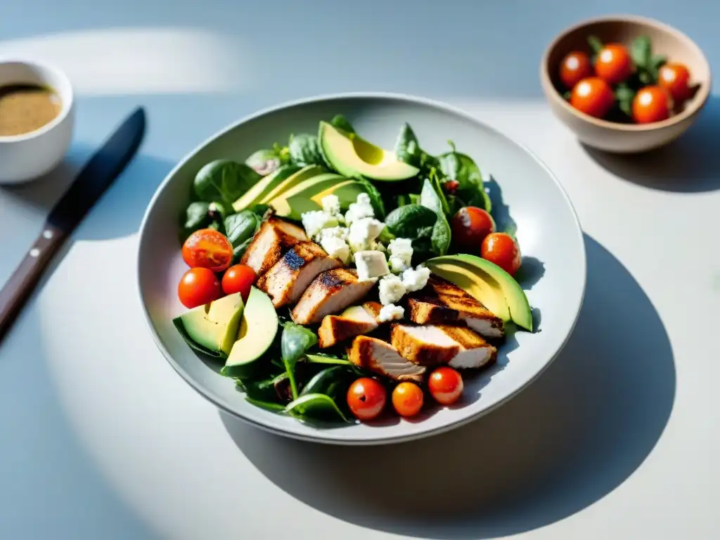 Ensalada saludable llena de color en plato blanco moderno, ideal para Ensaladas saludables Uruguay