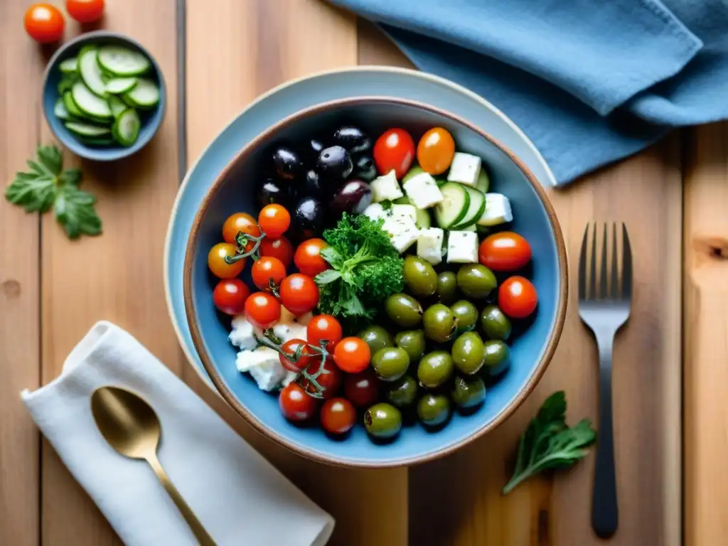 Una ensalada mediterránea vibrante en un bol moderno sobre una mesa de madera, resaltando la frescura de los ingredientes