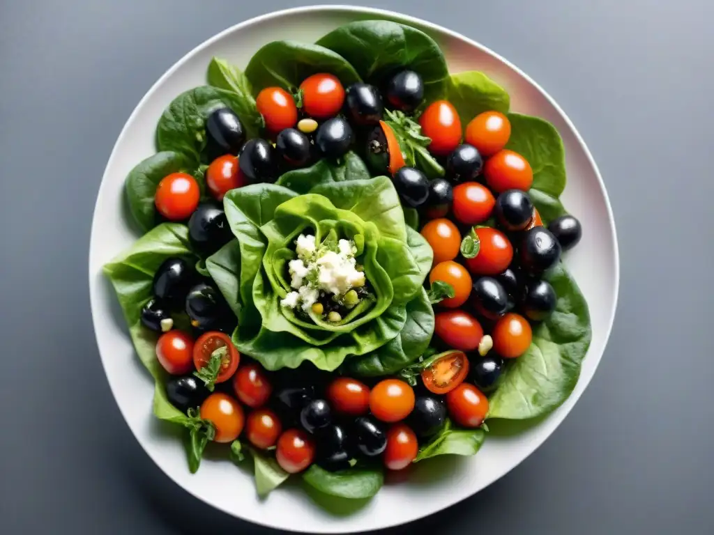 Ensalada uruguaya vibrante y colorida con ingredientes frescos y chimichurri, en plato blanco moderno