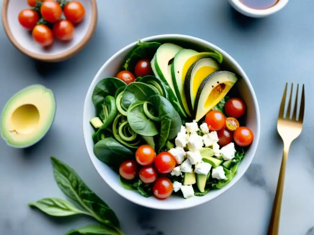 Una ensalada vibrante y colorida con ingredientes frescos, presentación artística y balsámico