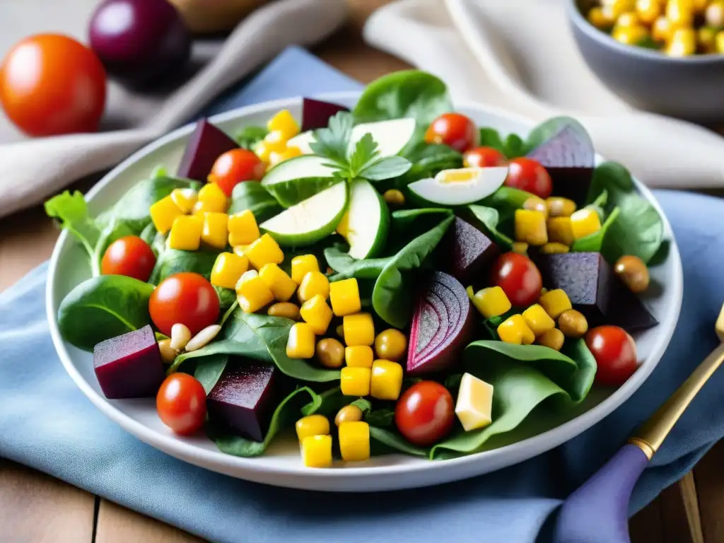 Una ensalada uruguaya vibrante y colorida con ingredientes frescos y sabrosos