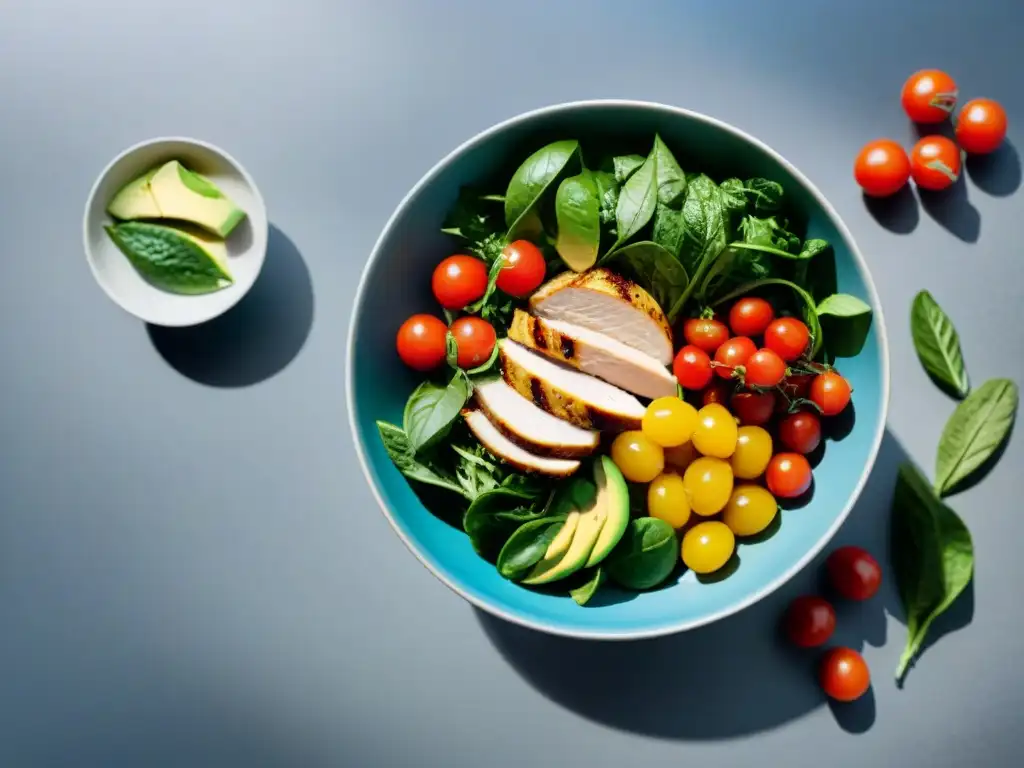 Una ensalada vibrante y colorida con ingredientes cardiosaludables en una cocina moderna