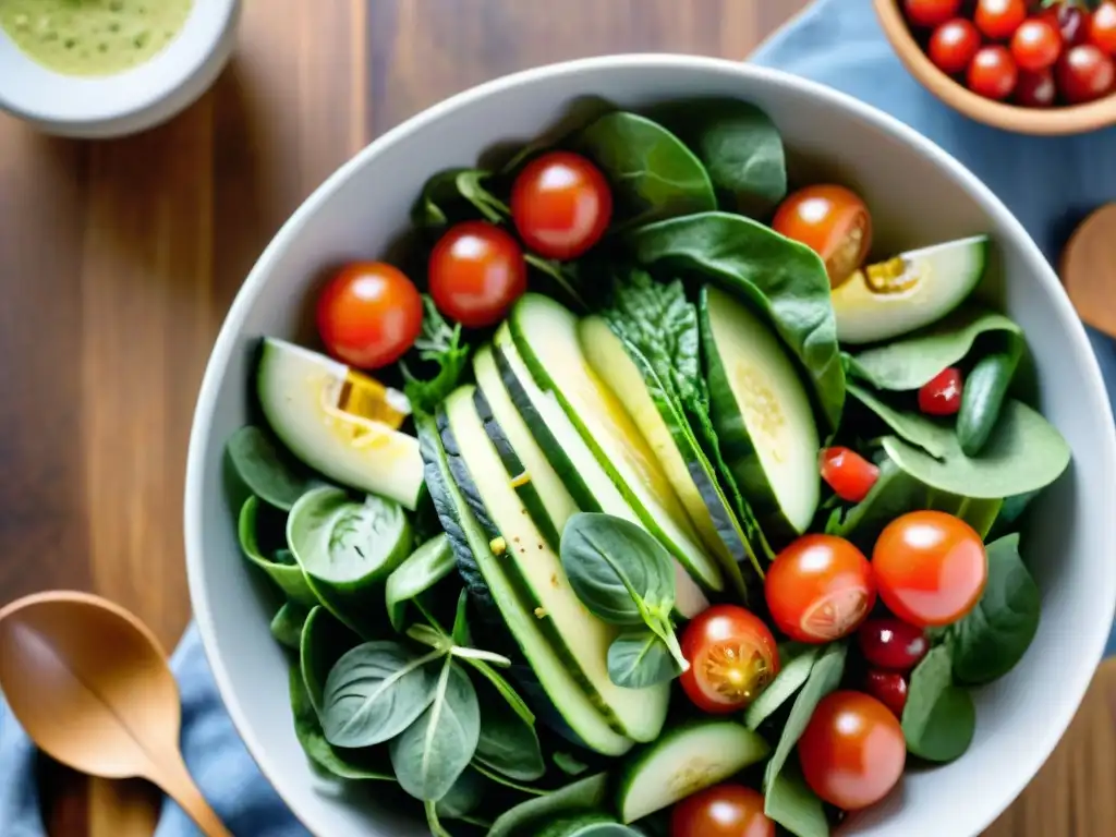 Una ensalada vibrante y colorida, llena de ingredientes frescos y saludables, en un ambiente de cocina moderna