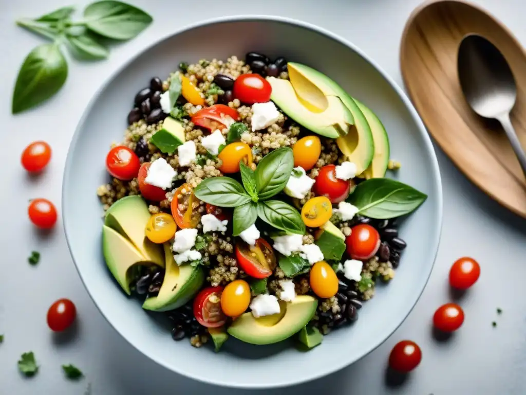 Ensalada de quinoa uruguaya vibrante y colorida en plato de cerámica moderno