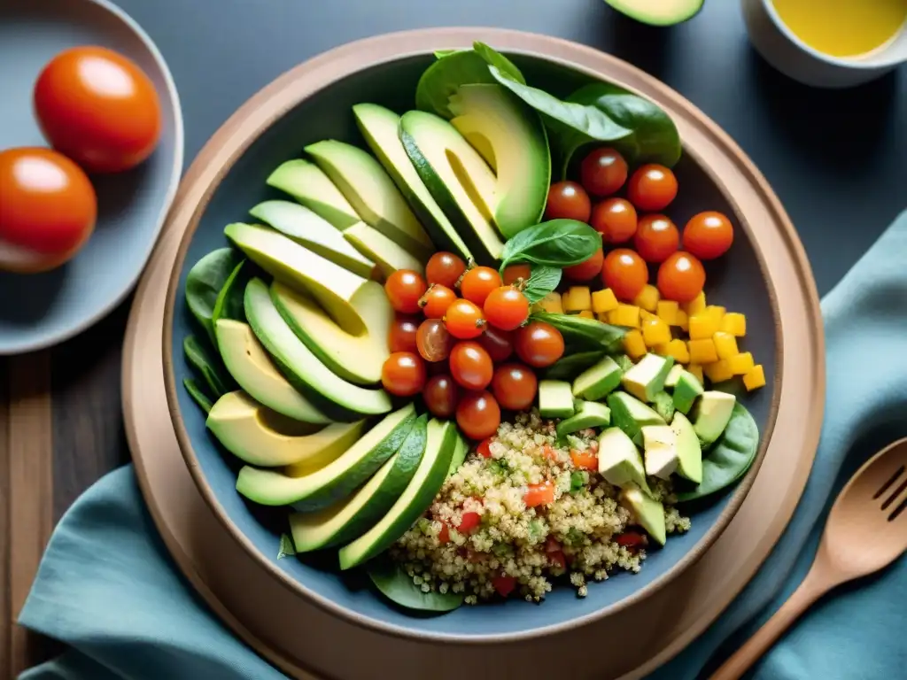 Una ensalada uruguaya vibrante y fresca, con tomate, lechuga, aguacate y quinoa en un plato de madera moderno