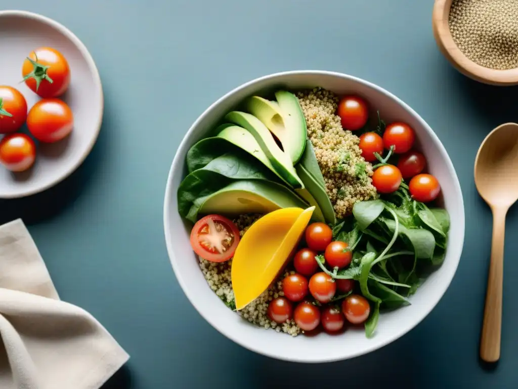 Una ensalada uruguaya vibrante y saludable con lechuga verde, tomate rojo, aguacate, quinoa, y semillas de chía, en mesa de madera