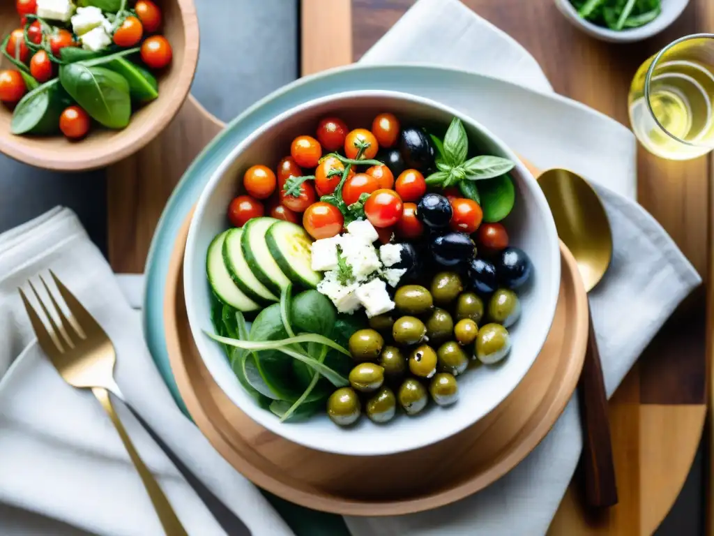 Una ensalada mediterránea vibrante en Uruguay, con tomates cherry, pepinos, queso feta, aceitunas y hierbas frescas