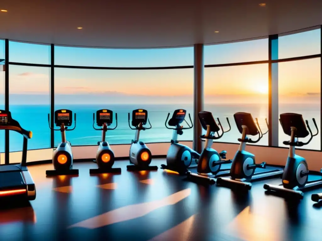 Entrenador personal motivando a grupo diverso en gimnasio con vista al mar al atardecer en Uruguay