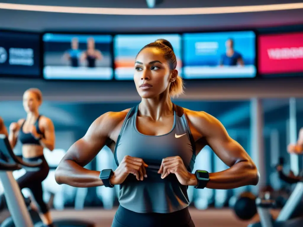 Entusiastas del fitness con tecnología wearable en gimnasio futurista Diversos entusiastas del fitness usando wearables en un gimnasio futurista
