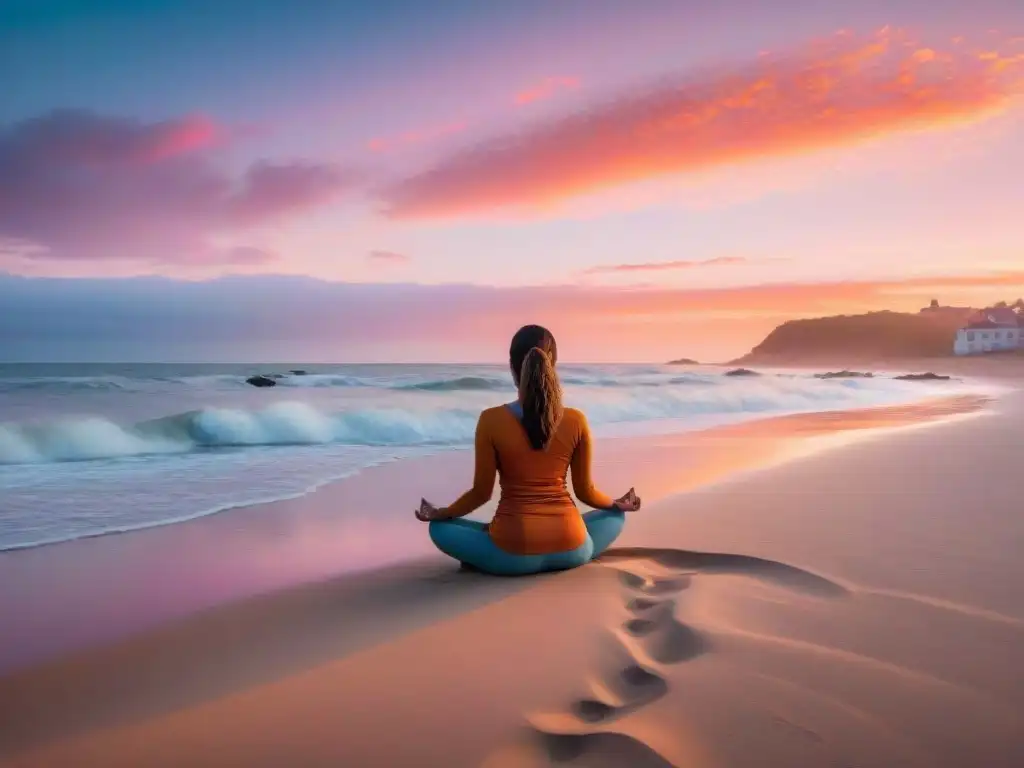 Equilibrio vida trabajo Uruguay: Atardecer sereno en playa uruguaya, con tonos naranja y rosa iluminando el cielo y figura practicando yoga