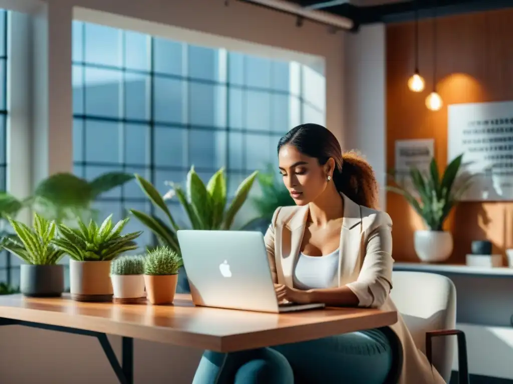 Equilibrio vida trabajo Uruguay: Mujer uruguaya profesional concentrada en su laptop en un espacio de oficina inspirador y luminoso