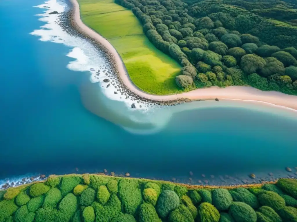 Equilibrio entre rentabilidad y bienestar en Uruguay: paisaje sereno con campo verde, rascacielos y playa