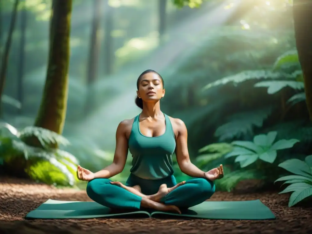 Práctica de mindfulness en el bosque: persona en equilibrio, rodeada de naturaleza