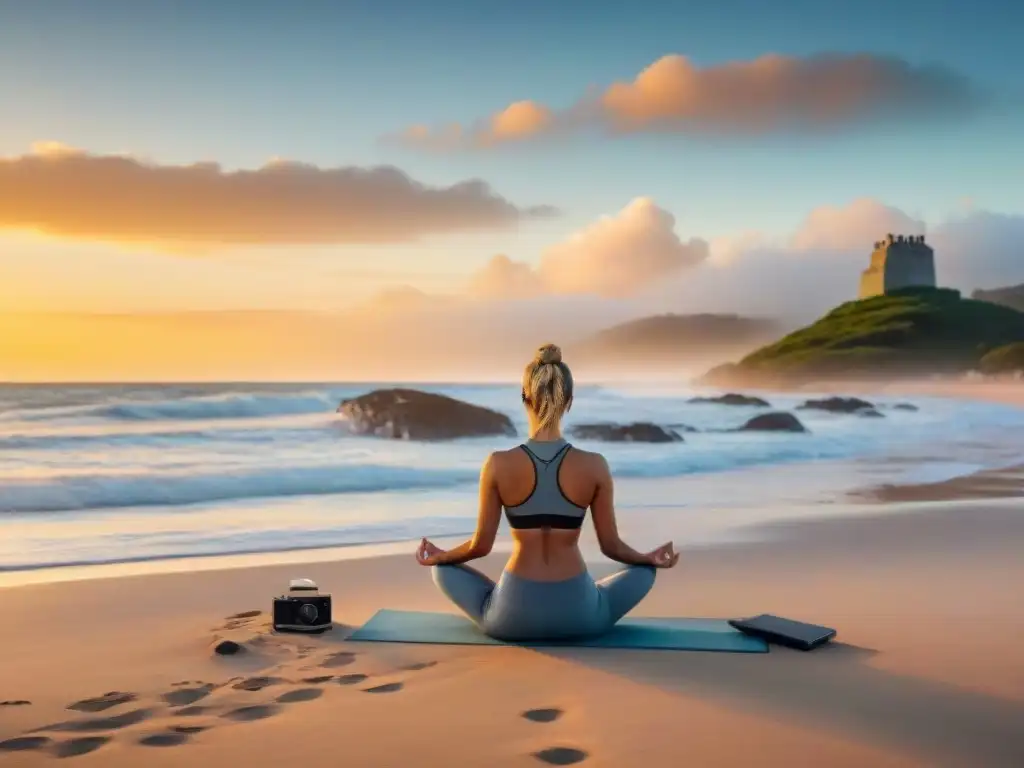 Equilibrio entre vida online y offline en una playa serena de Uruguay al amanecer, con una persona practicando yoga