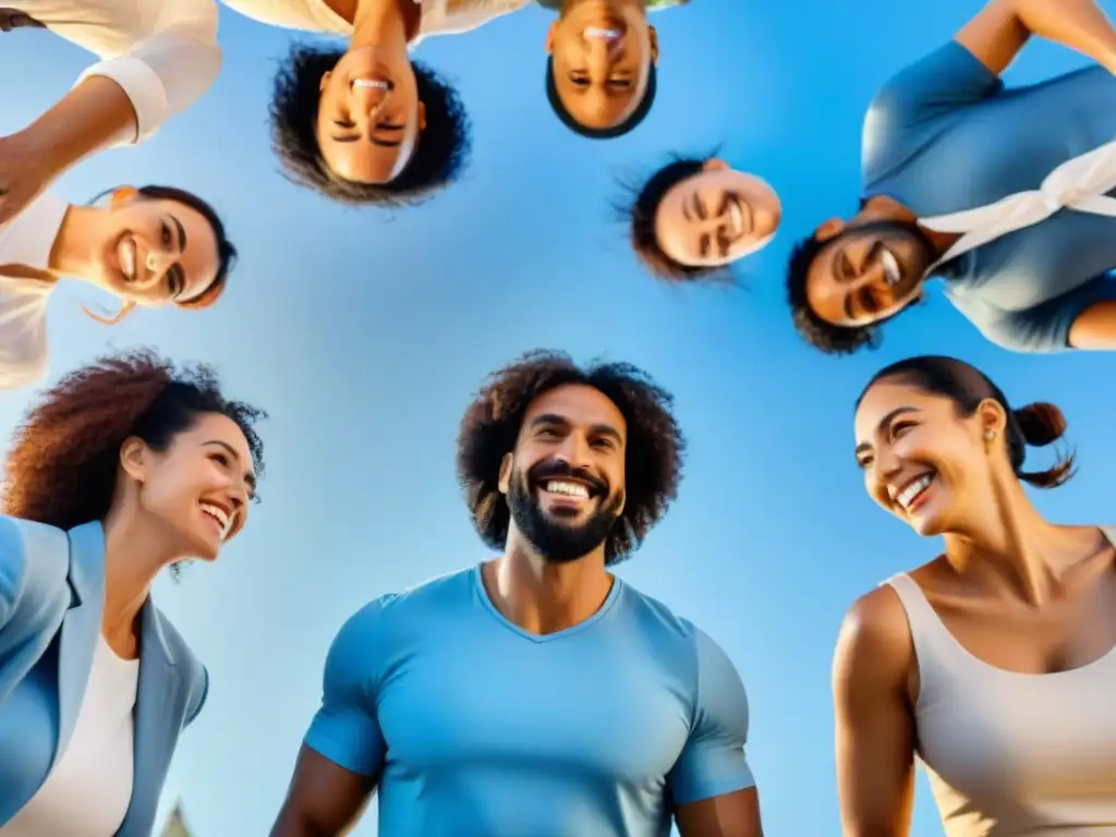 Equipo diverso disfruta actividad al aire libre bajo el sol brillante y cielo azul en Uruguay, fomentando un clima laboral salud mental