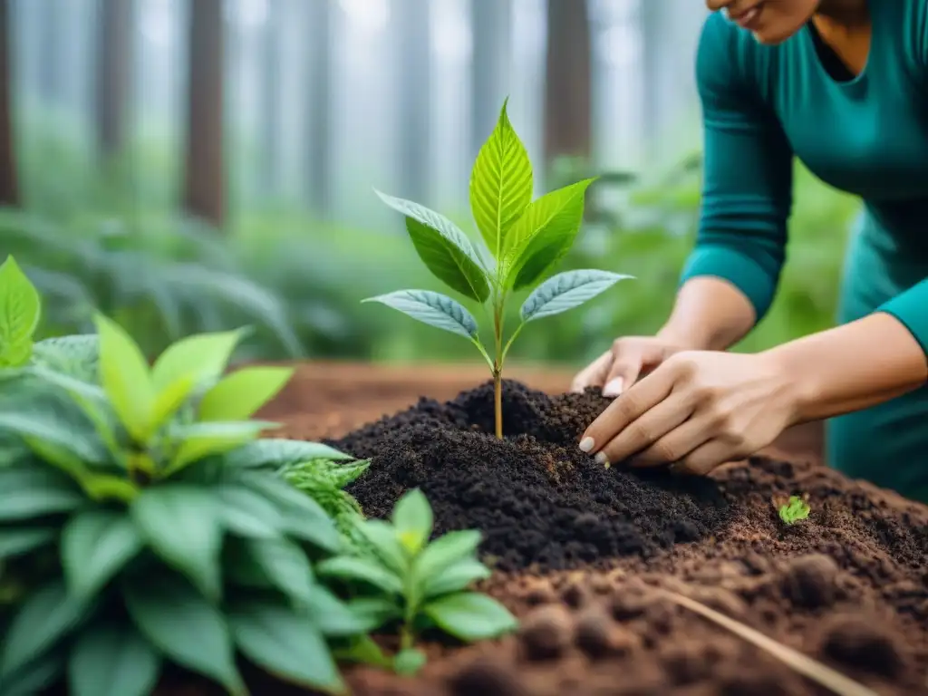 Un equipo diverso planta árboles en un bosque verde, mostrando unidad y sostenibilidad