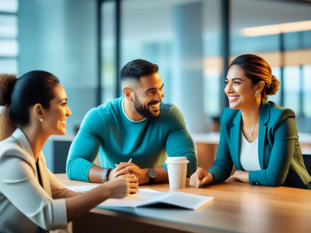 Un equipo diverso y comprometido colabora en un ambiente de oficina moderno y motivador