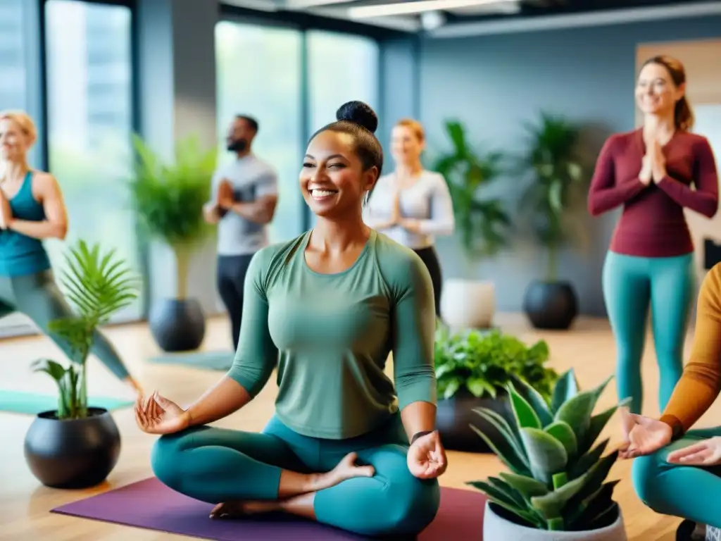 Equipo diverso en oficina moderna de Uruguay, practicando yoga y ejercicios de team building